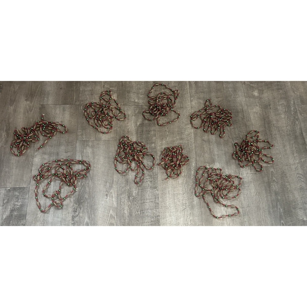 Vintage 9 - 52" Strands Christmas‎ Garland Red Green Beads Beaded Gold Tone Wire